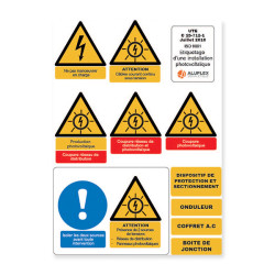 Planche d'étiquettes pictogrammes danger pour installation photovoltaïque