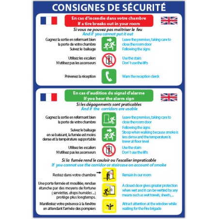 Panneau consigne  Consignes de sécurité bilingue (hotel)